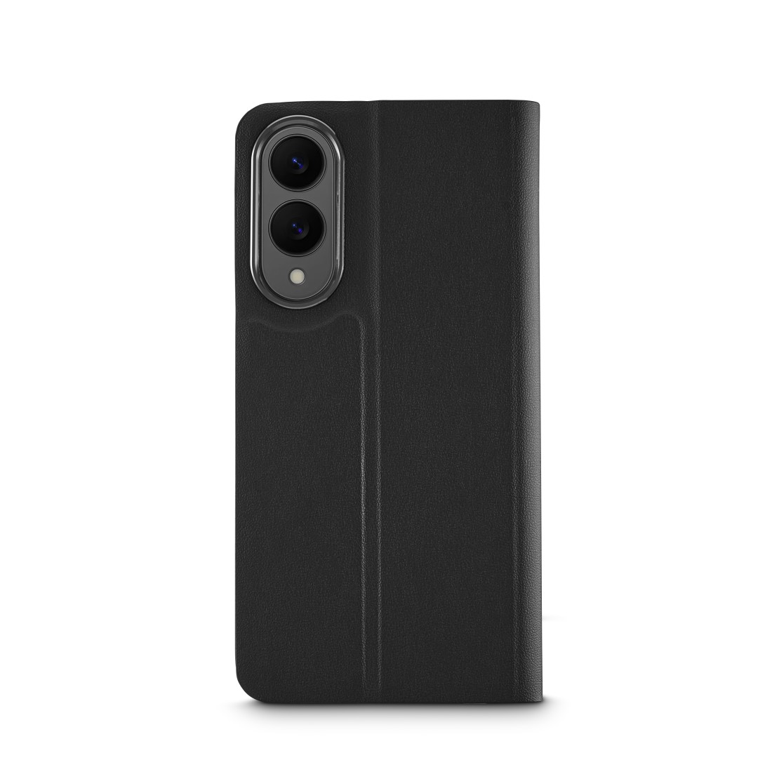 Schwarze Handyhülle mit Telefon. Weißer Hintergrund.