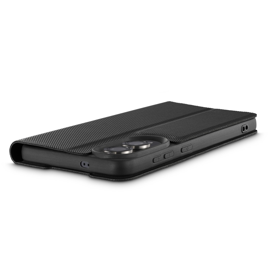 Schwarze Handyhülle mit Telefon, liegend. Weißer Hintergrund.