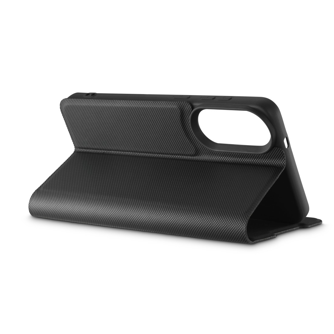 Schwarze Handyhülle, offen, auf weißer Oberfläche.