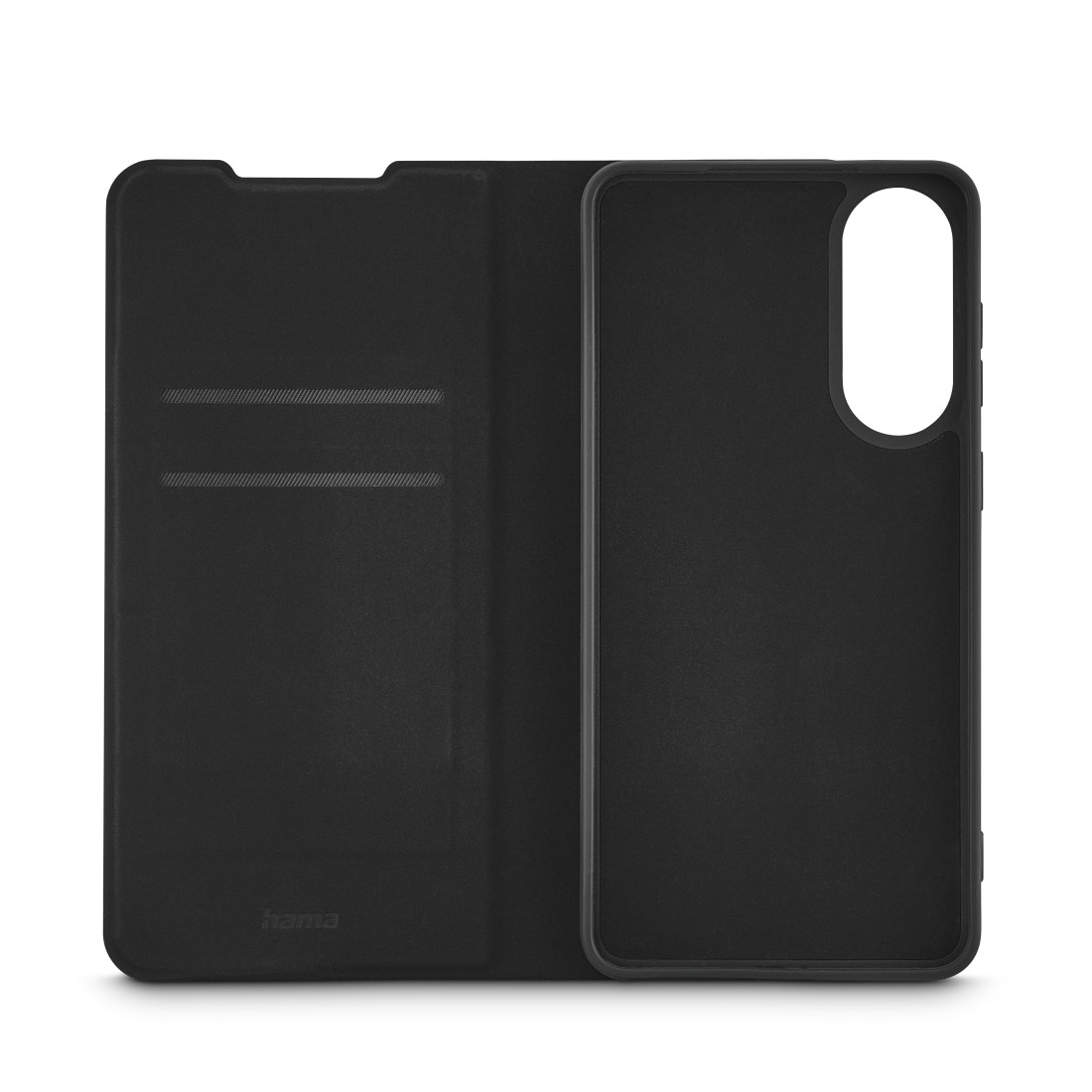 Schwarze Handyhülle, offen. Innen Platz für Telefon und Karten. Hama-Logo sichtbar.