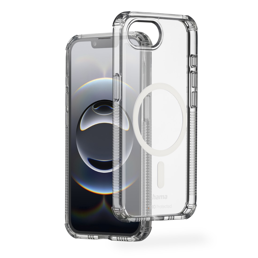 Transparente Handyhülle mit Telefon. Die Hülle hat eine klare Rückseite und ein weißes Kreisdesign.