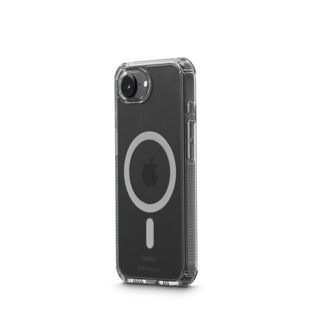 Transparente Handyhülle mit einem schwarzen Telefon. Die Hülle hat einen MagSafe-Ring.