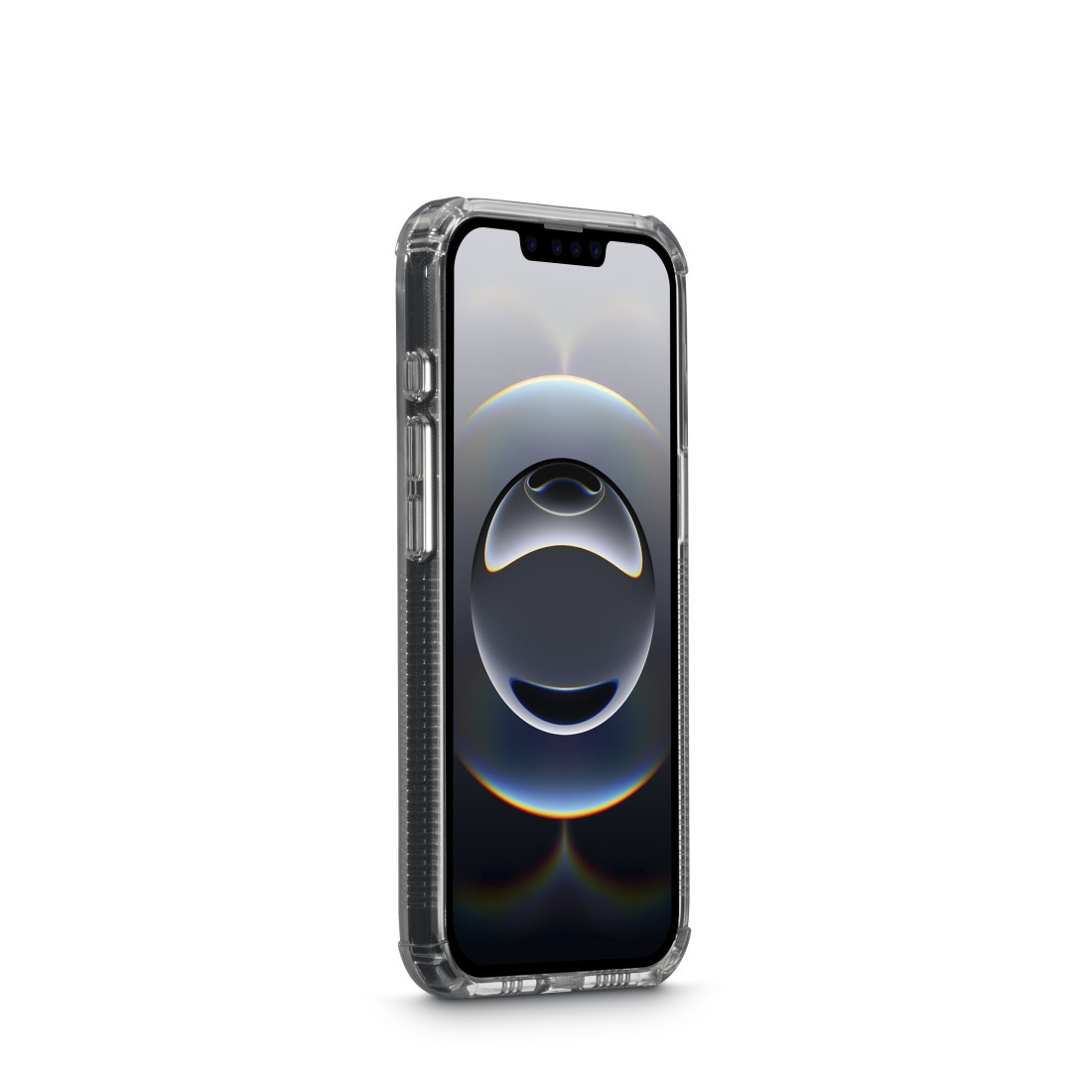 Eine transparente Handyhülle mit Telefon im Inneren. Der Bildschirm zeigt ein abstraktes Design.