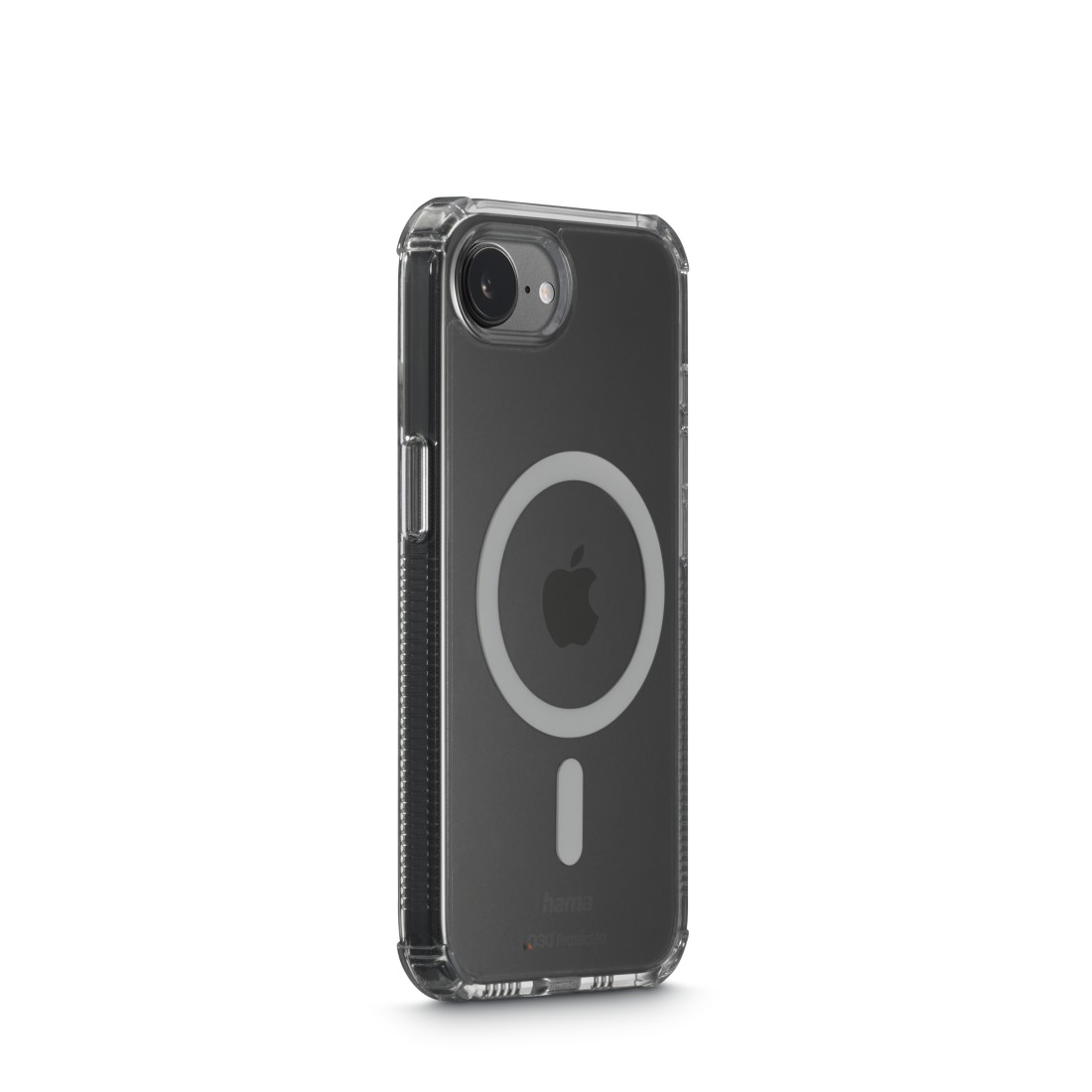 Transparente Handyhülle mit einem schwarzen Telefon. Die Hülle hat einen MagSafe-Ring.
