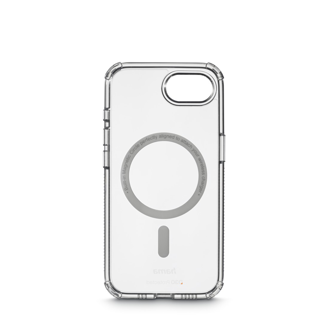 Eine transparente Handyhülle. Die Hülle hat einen MagSafe-Ring und Text, der ihre Funktion angibt.