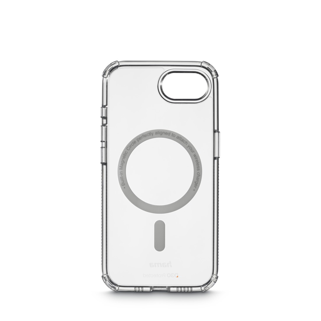 Eine transparente Handyhülle. Die Hülle hat einen MagSafe-Ring und Text, der ihre Funktion angibt.