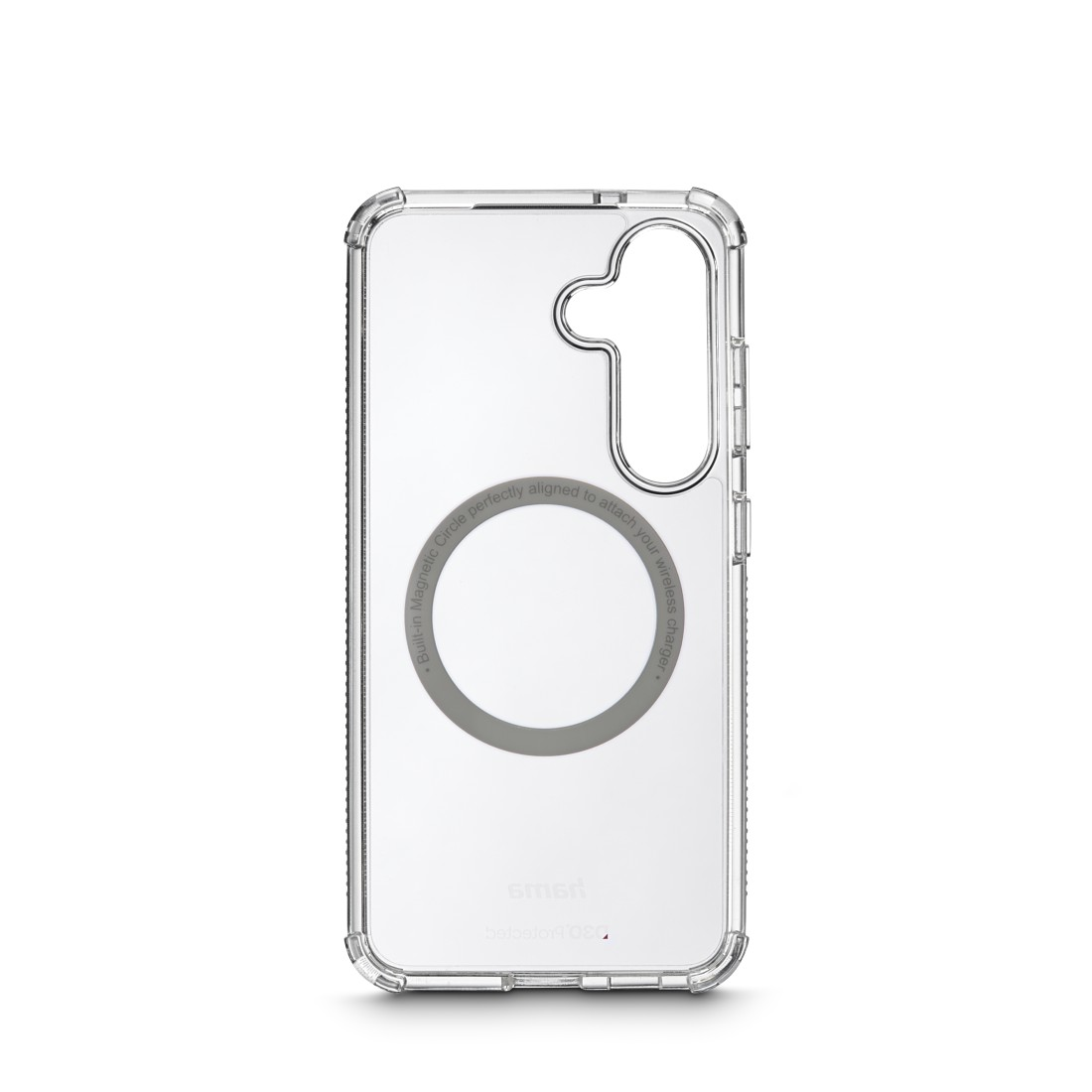 Transparente Handyhülle mit MagSafe-Ring. Die Handyhülle hat eine rechteckige Form.
