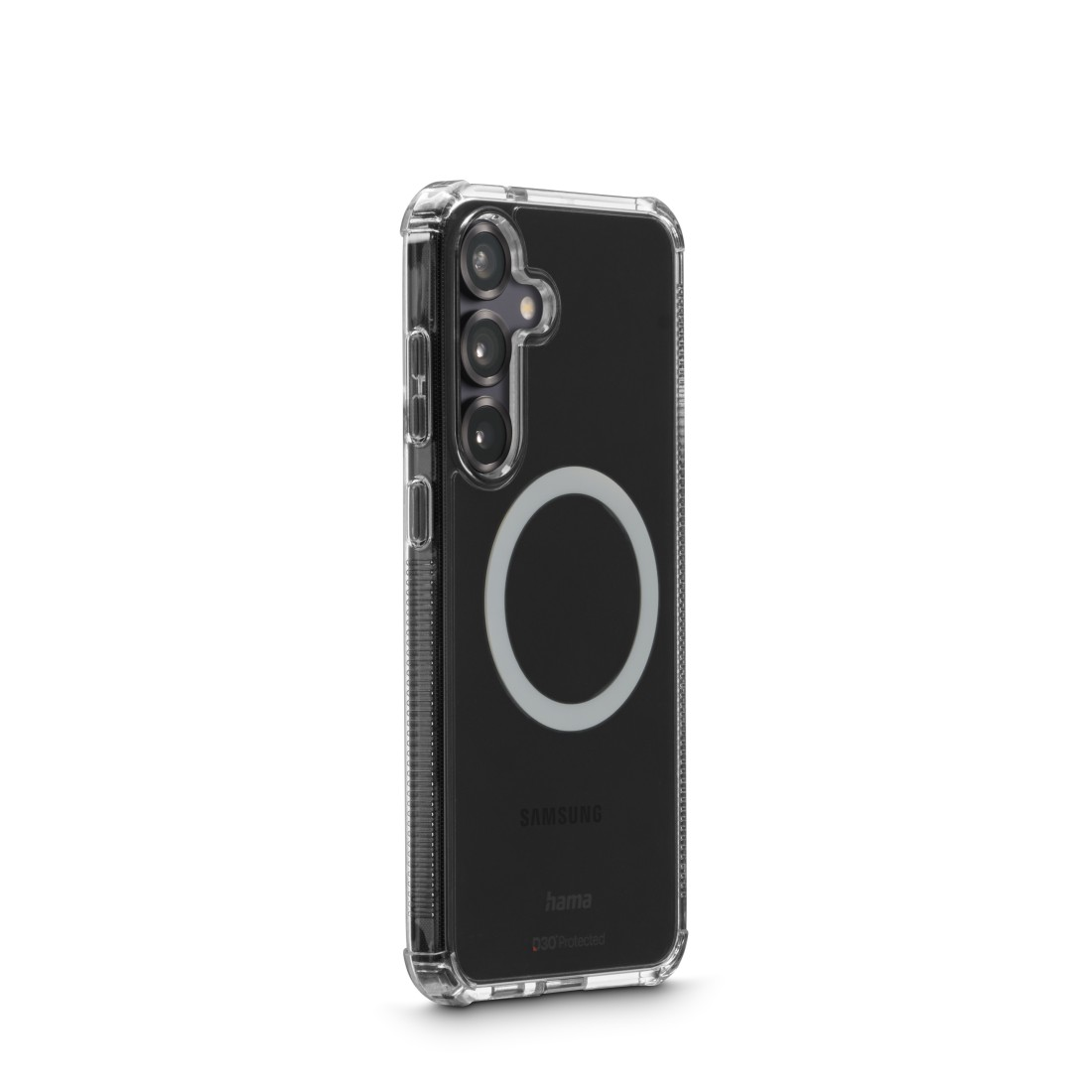 Transparente Handyhülle mit schwarzem Telefon. Das Telefon hat drei Kameras und einen MagSafe-Ring.