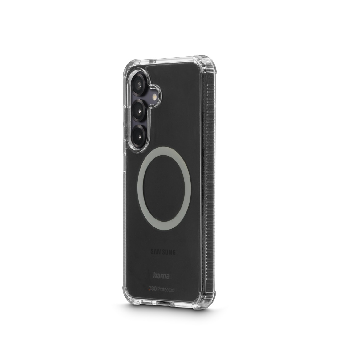 Transparente Handyhülle mit schwarzem Telefon. Das Telefon hat drei Kameras und einen MagSafe-Ring.
