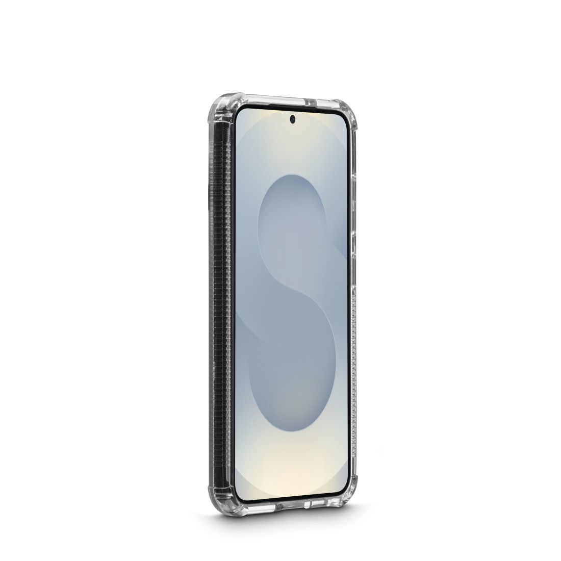 Transparente Handyhülle mit Telefon im Inneren. Der Bildschirm ist sichtbar.