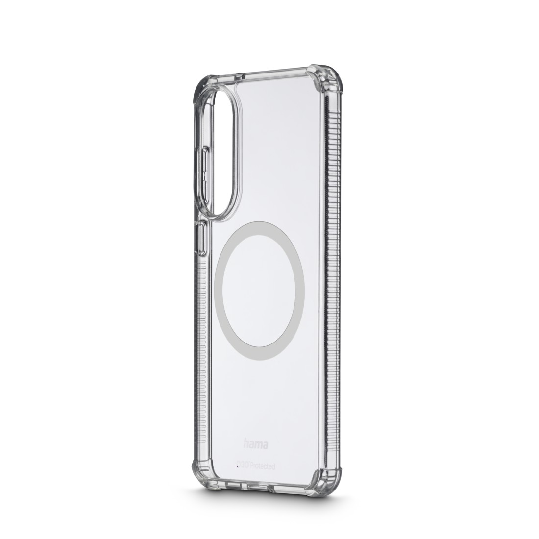 Transparente Handyhülle, Seitenansicht, zeigt das Profil des Telefons.