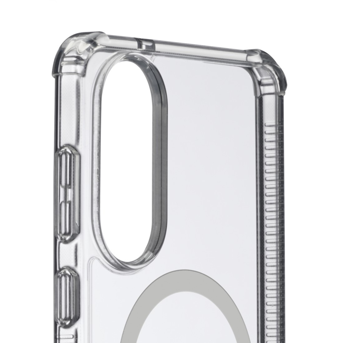 Transparente Handyhülle mit Aussparungen für Kamera und Tasten, auf weißem Hintergrund.