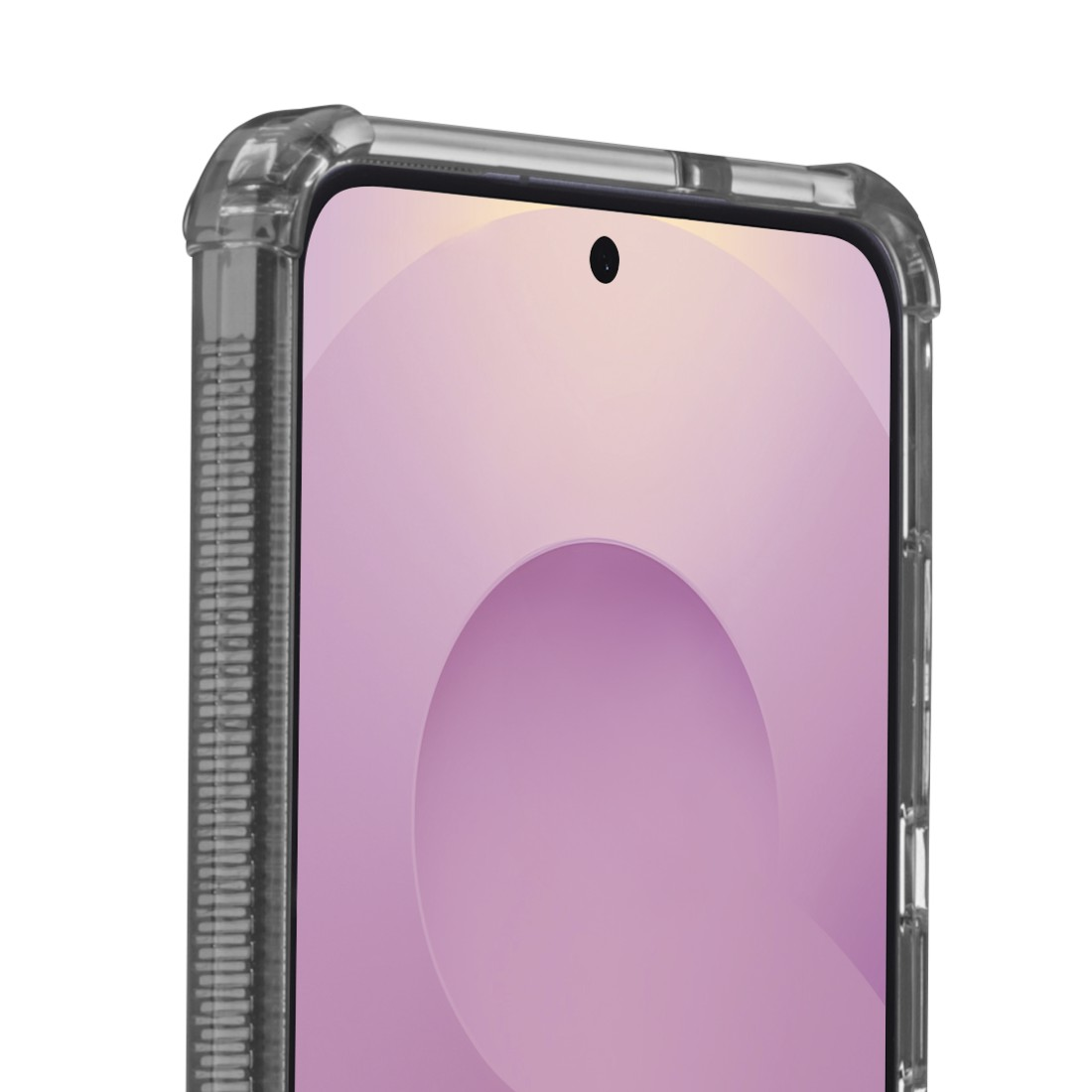 Nahaufnahme eines Handybildschirms in einer transparenten Hülle. Rosa Farbverlauf.