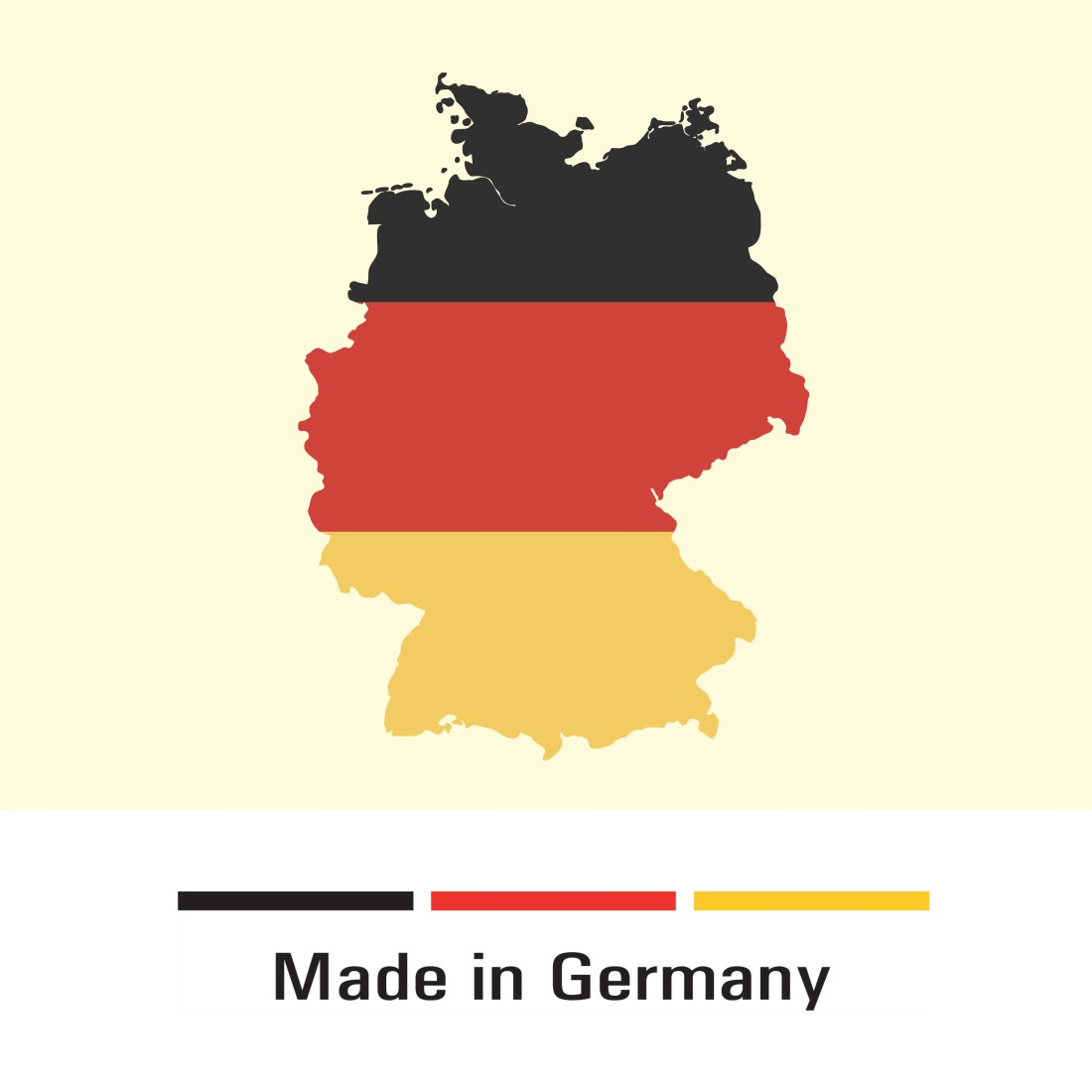 Umriss der Deutschlandkarte mit Flaggenfarben. Text: Made in Germany.
