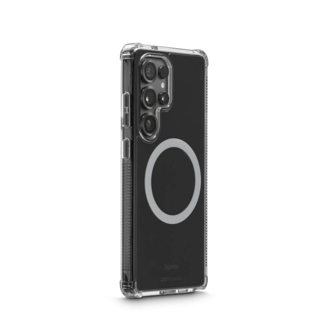 Schwarzes Telefon in einer transparenten Hülle. Kreis auf der Rückseite. Kameralinsen sichtbar.