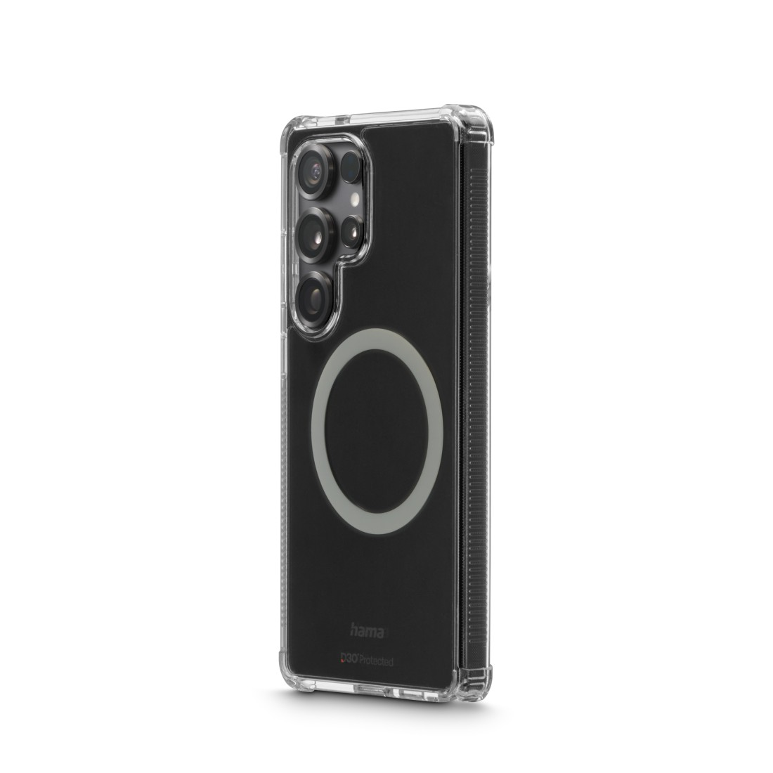 Telefon in klarer Hülle, Rückansicht. Schwarzes Telefon. Kreis hinten. Kamera sichtbar. Text: D3O Protected.