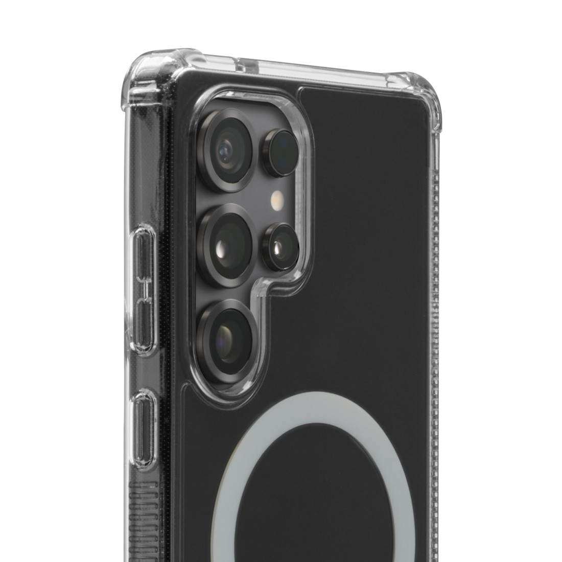 Nahaufnahme des Telefons mit Kameralinsen. Transparente Hülle. Schwarzes Telefon innen.