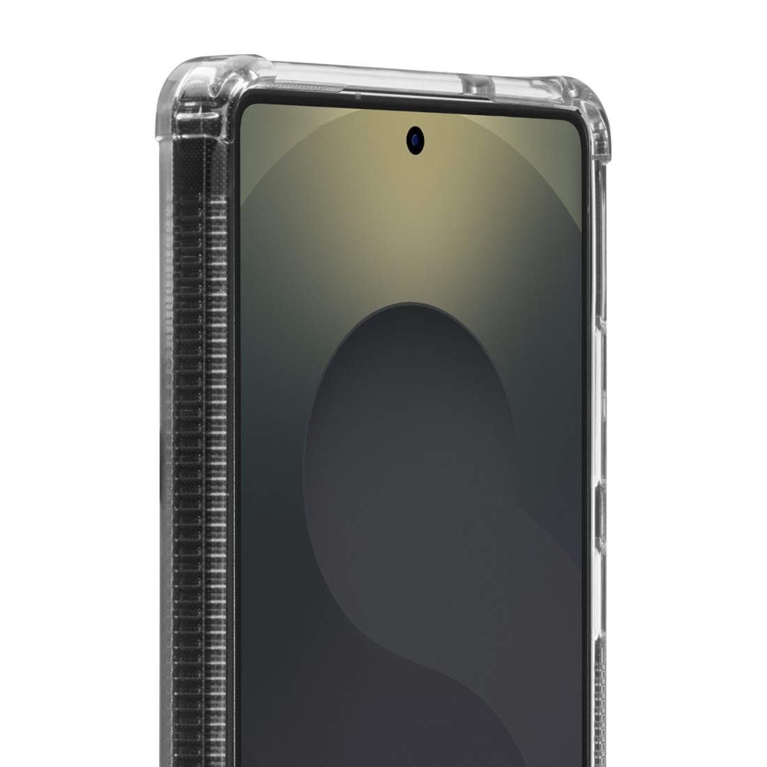 Telefon in transparenter Hülle, Bildschirm an. Farbverlauf.