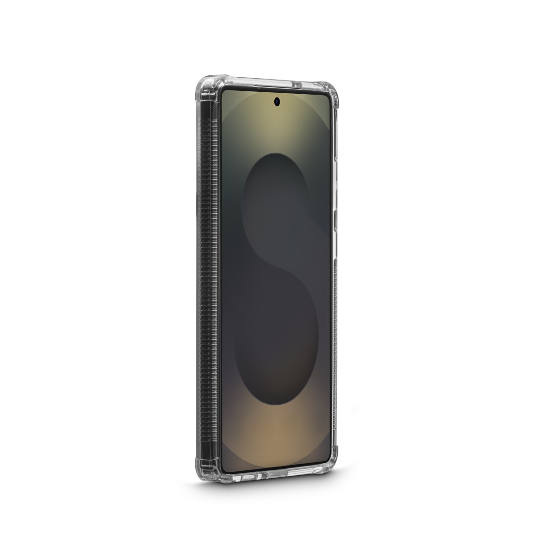 Telefon in transparenter Hülle, Bildschirm an. Farbverlauf. Weißer Hintergrund.