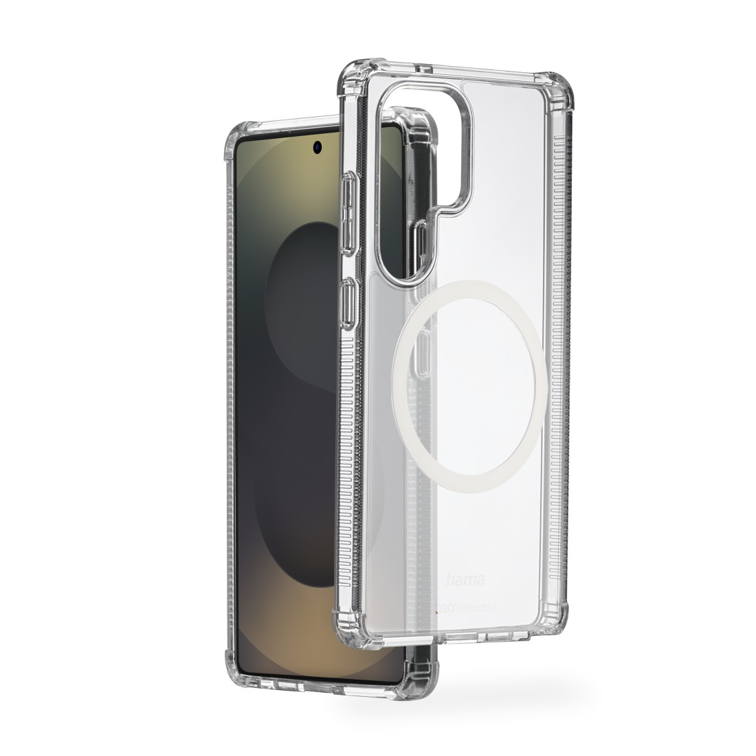 Telefon in transparenter Hülle, die Hülle leicht geöffnet, Telefon und Hülle zeigend.