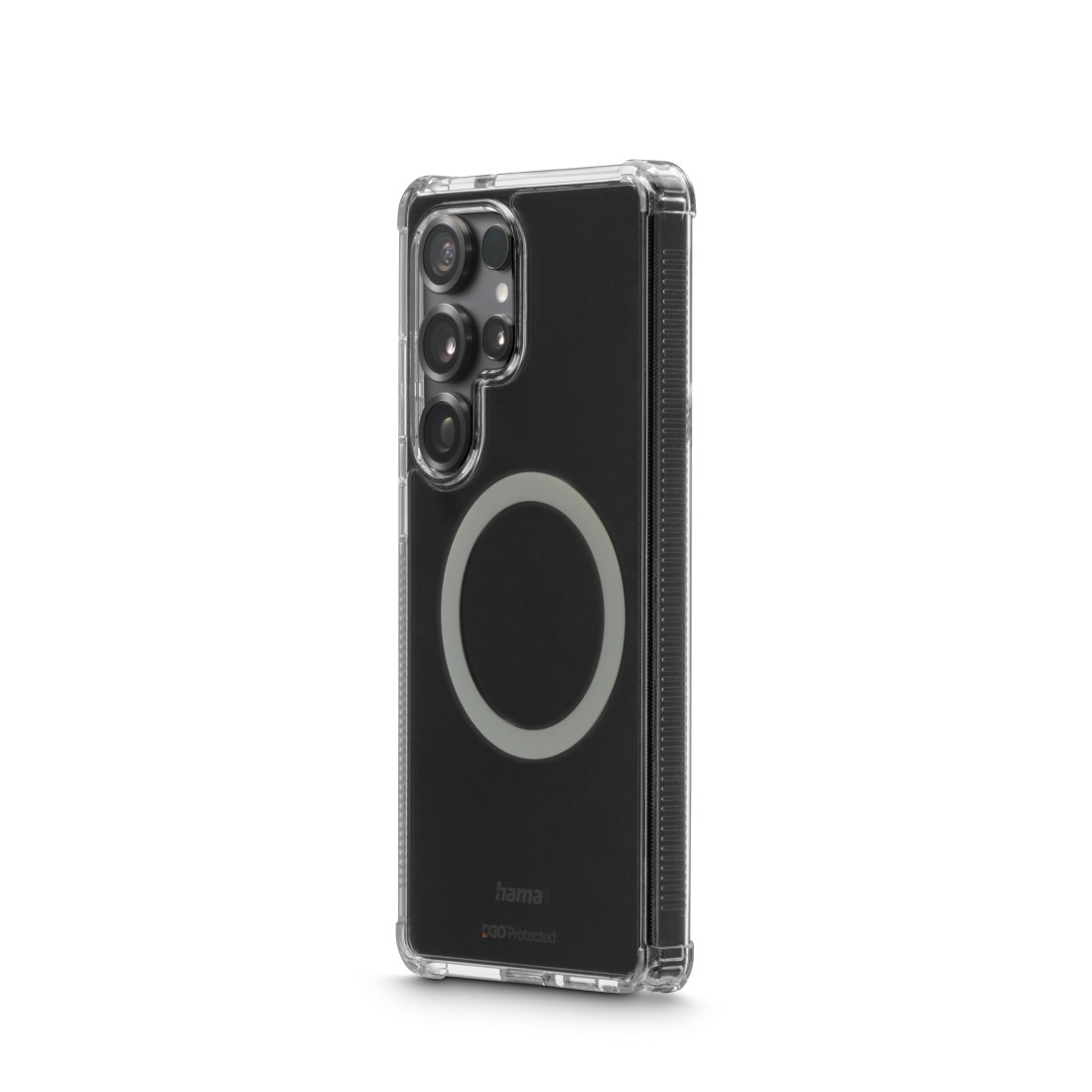 Transparente Handyhülle mit schwarzem Handy. Ein weißer Kreis befindet sich auf der Rückseite.