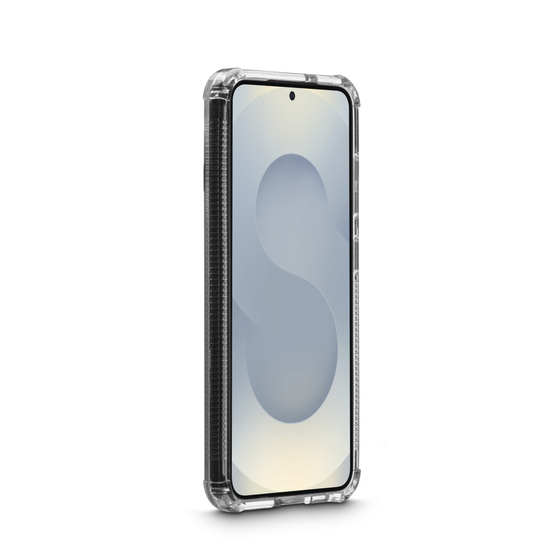 Telefon in einer transparenten Hülle. Der Bildschirm zeigt ein unscharfes Bild. Auf weißem Hintergrund.