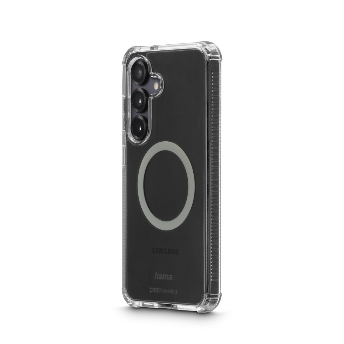 Transparente Handyhülle mit schwarzem Handy. Ein weißer Kreis auf der Rückseite. Weißer Hintergrund.