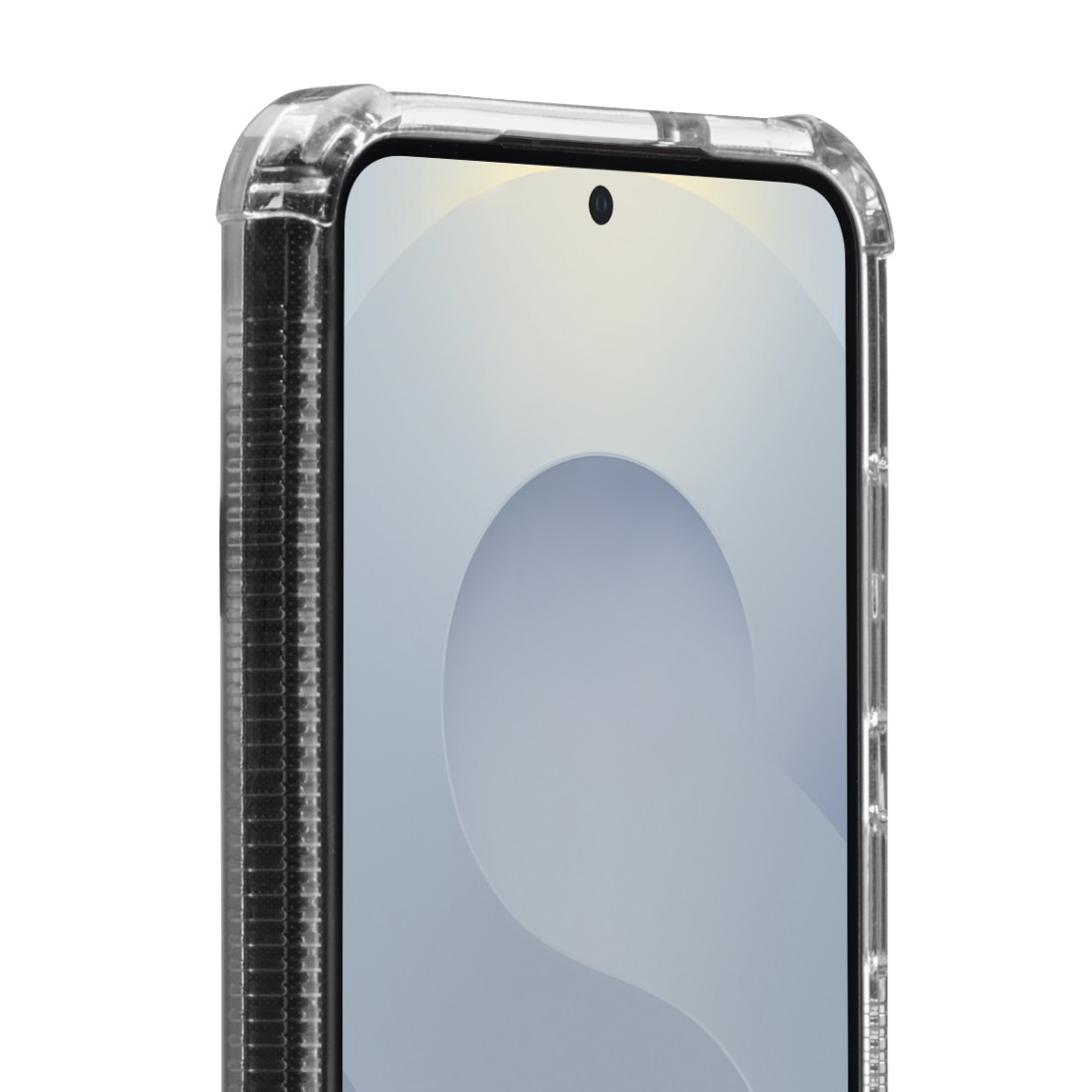 Nahaufnahme der Oberseite eines Telefons in einer transparenten Hülle. Der Bildschirm ist sichtbar. Weißer Hintergrund.