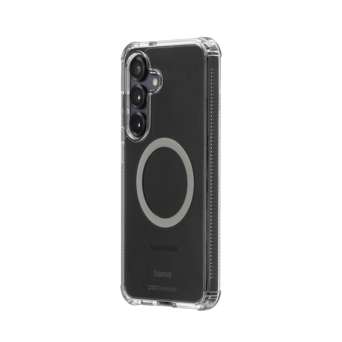 Transparente Handyhülle mit schwarzem Telefon. Weißer Kreis auf der Rückseite. Weißer Hintergrund.