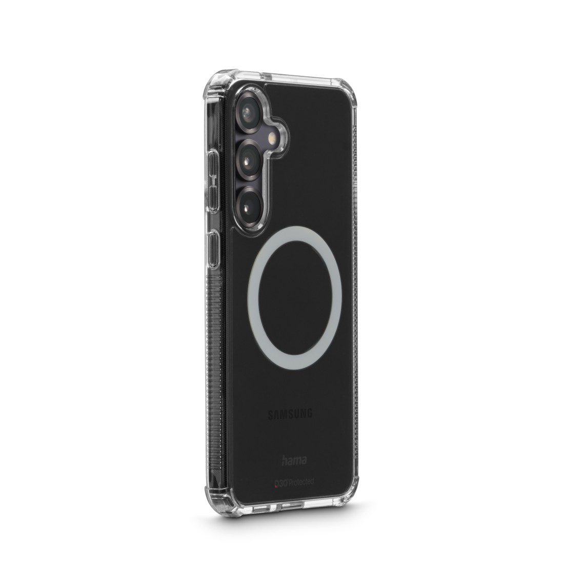 Transparente Handyhülle mit schwarzem Telefon. Weißer Kreis auf der Rückseite. Weißer Hintergrund.