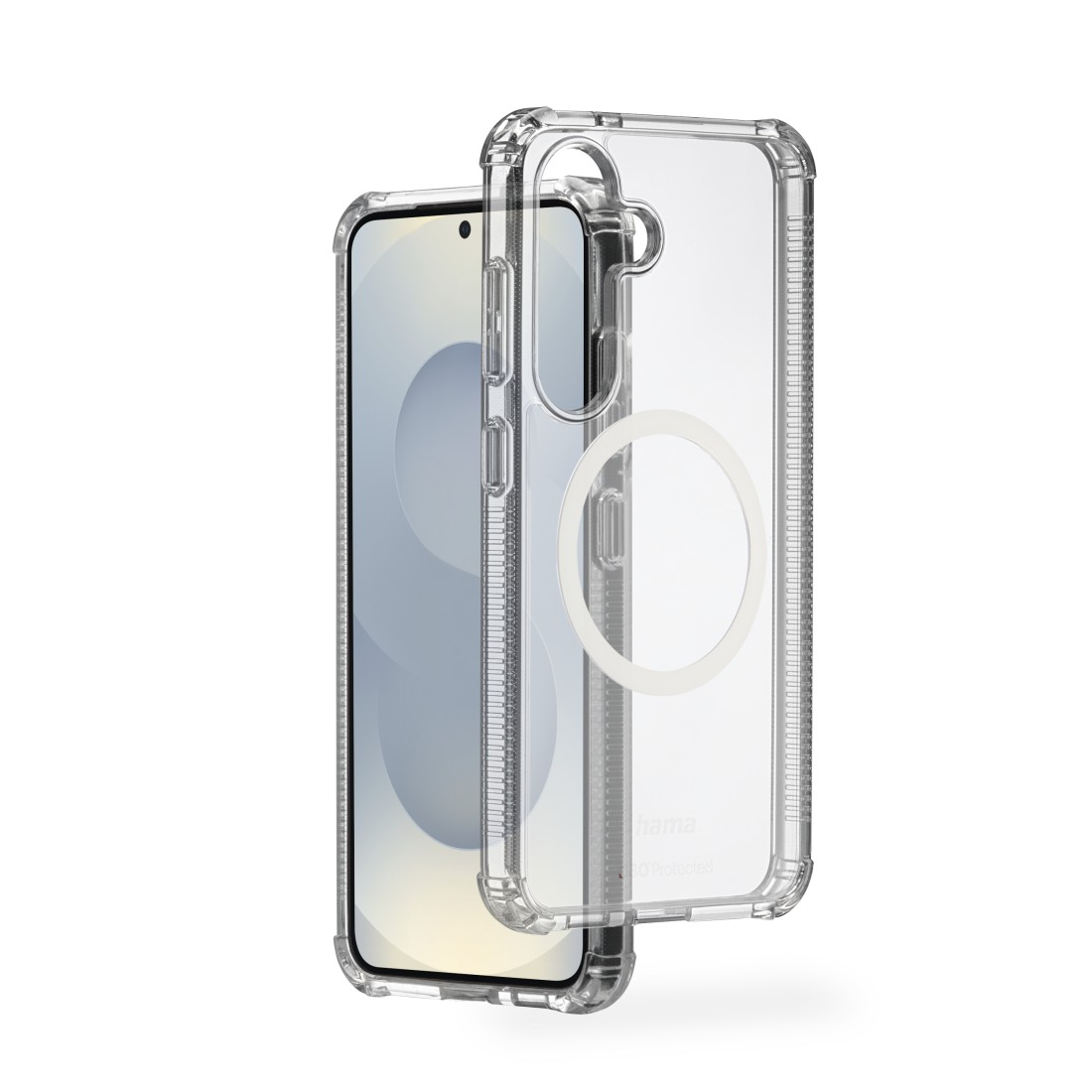 Transparente Handyhülle neben einem Telefon. Der Bildschirm ist sichtbar, weißer Hintergrund.