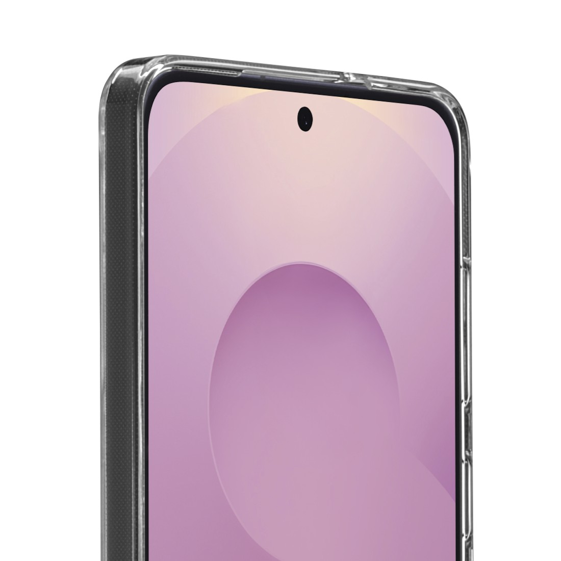 Telefon in klarer Hülle, zeigt Bildschirm und Kamera.