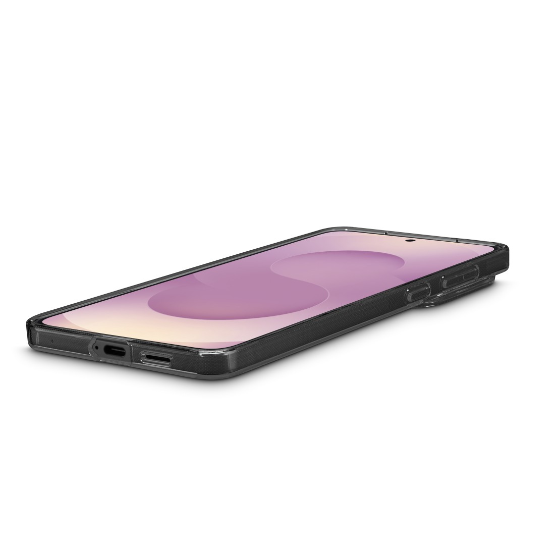 Telefon in klarer Hülle mit Bildschirm, der ein rosa 'S' zeigt.