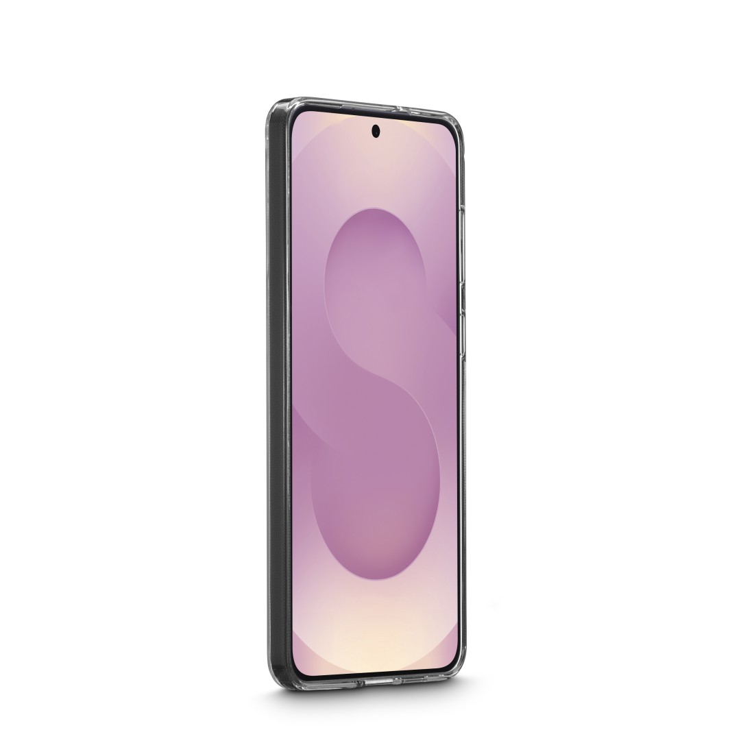 Telefon in klarer Hülle, zeigt Bildschirm mit rosa Farbe.