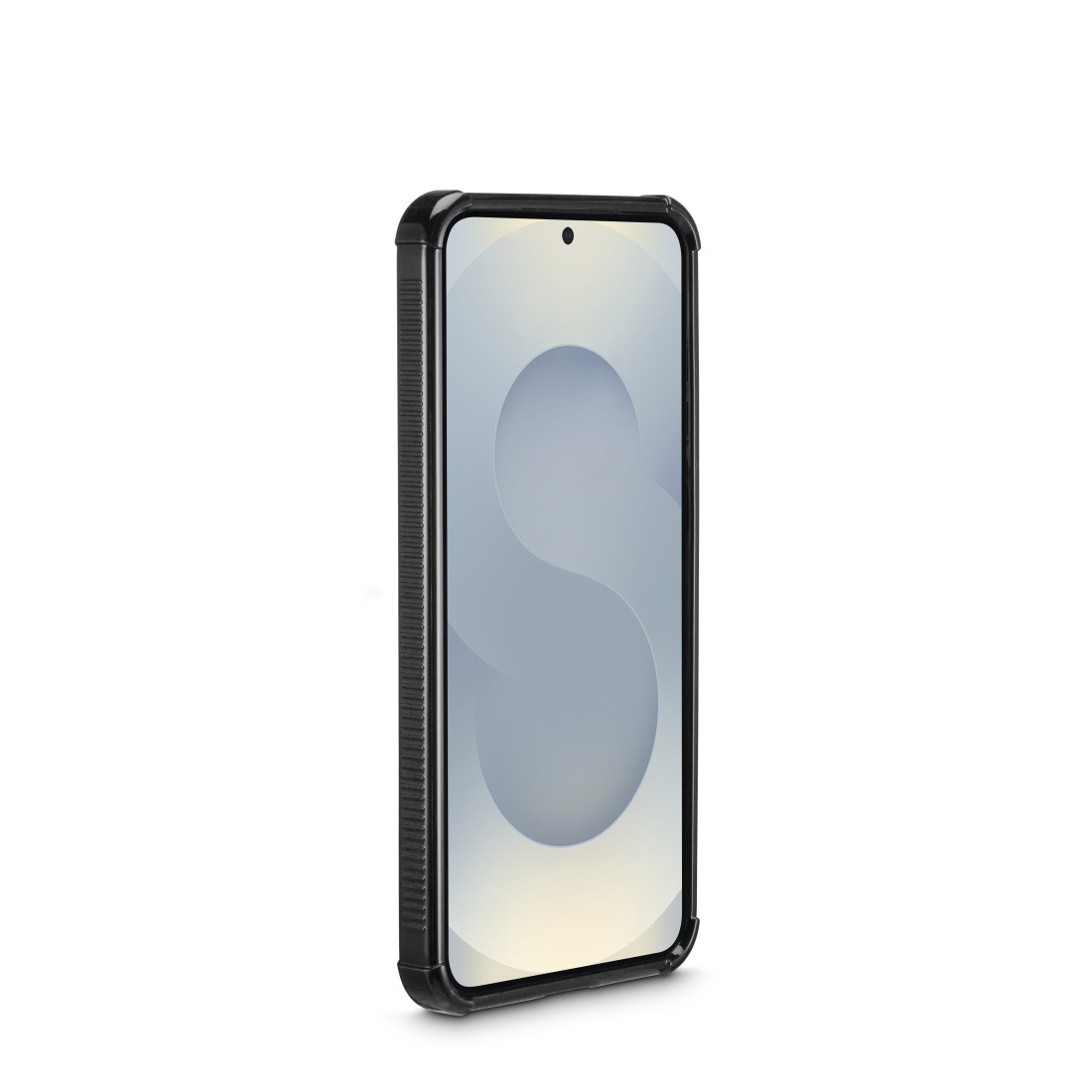 Ein Smartphone in einer schwarzen Schutzhülle, das den Bildschirm zeigt. Weißer Hintergrund.