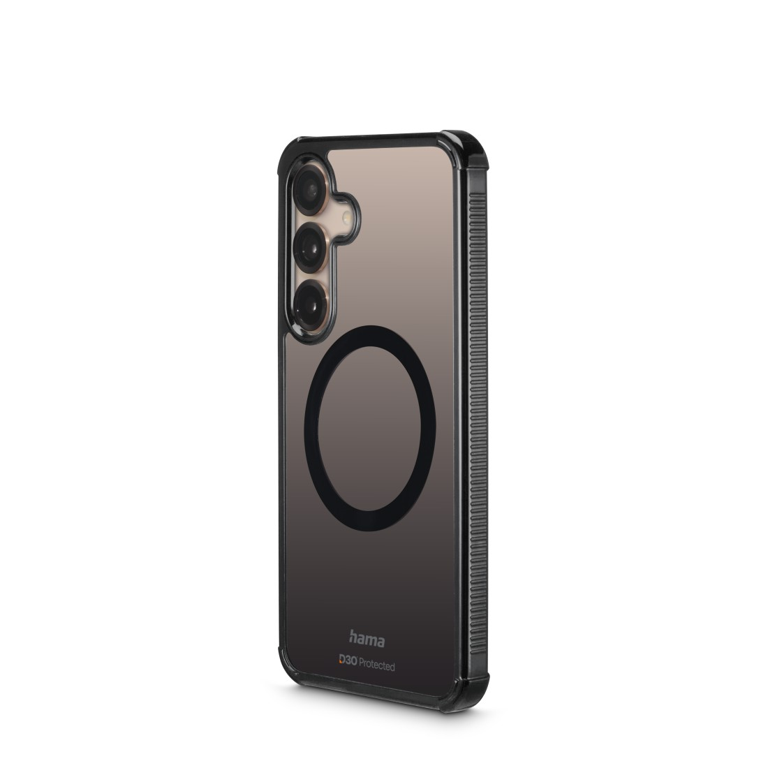 Ein Telefon in einer schwarzen Hülle mit einem magnetischen Kreis. Weißer Hintergrund.