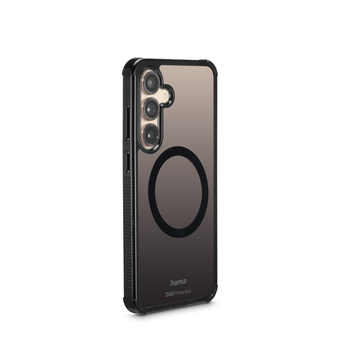 Telefon in Schutzhülle, mit Magnetkreis, vor weißem Hintergrund.