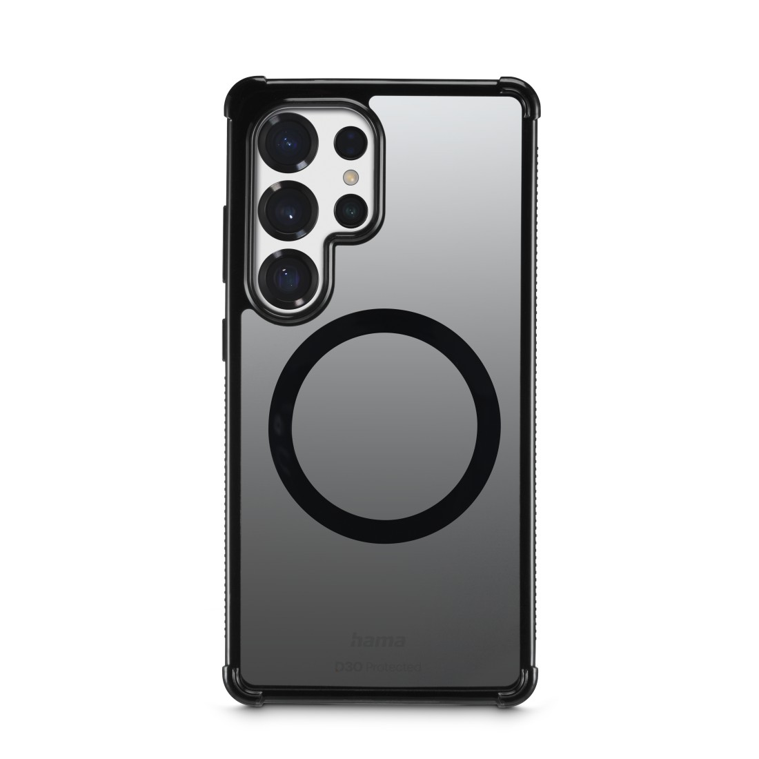 Telefon in Schutzhülle mit drei Kameras und Magnetkreis. Weißer Hintergrund.