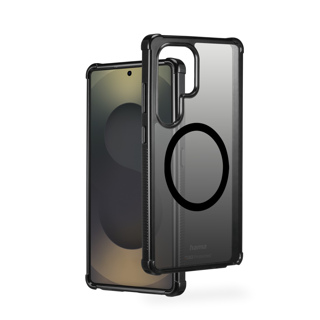 Telefonhülle und Telefon angewinkelt, wobei die Hülle transparent ist und den Telefonbildschirm und die Kamera zeigt.