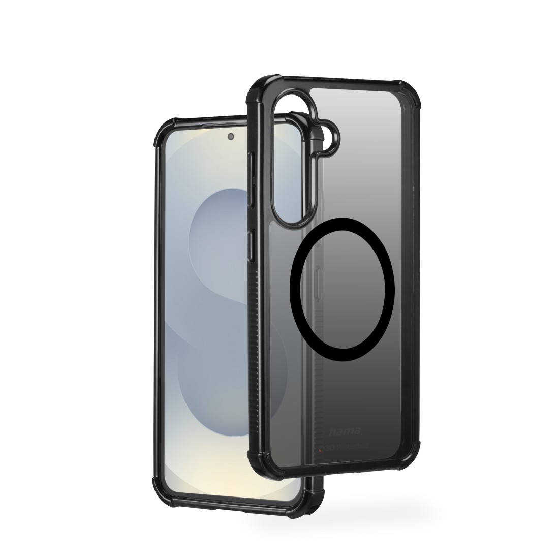 Telefon und Handyhülle angewinkelt, die Hülle ist transparent. Telefonbildschirm und Kamera sind sichtbar. Weißer Hintergrund.