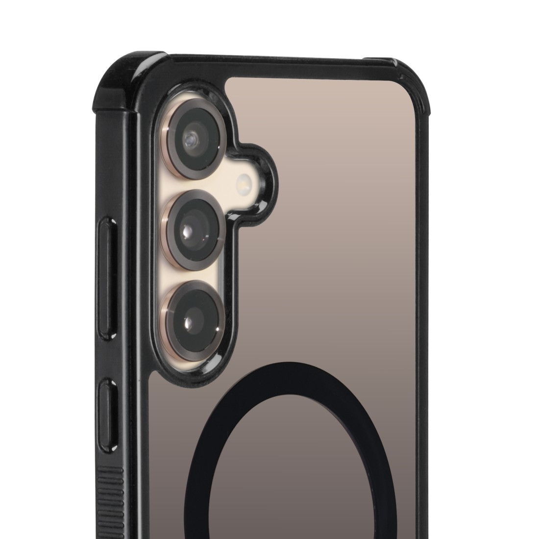 Handyhülle, die Telefonkameras und einen schwarzen Kreis zeigt. Grauer Hintergrund.