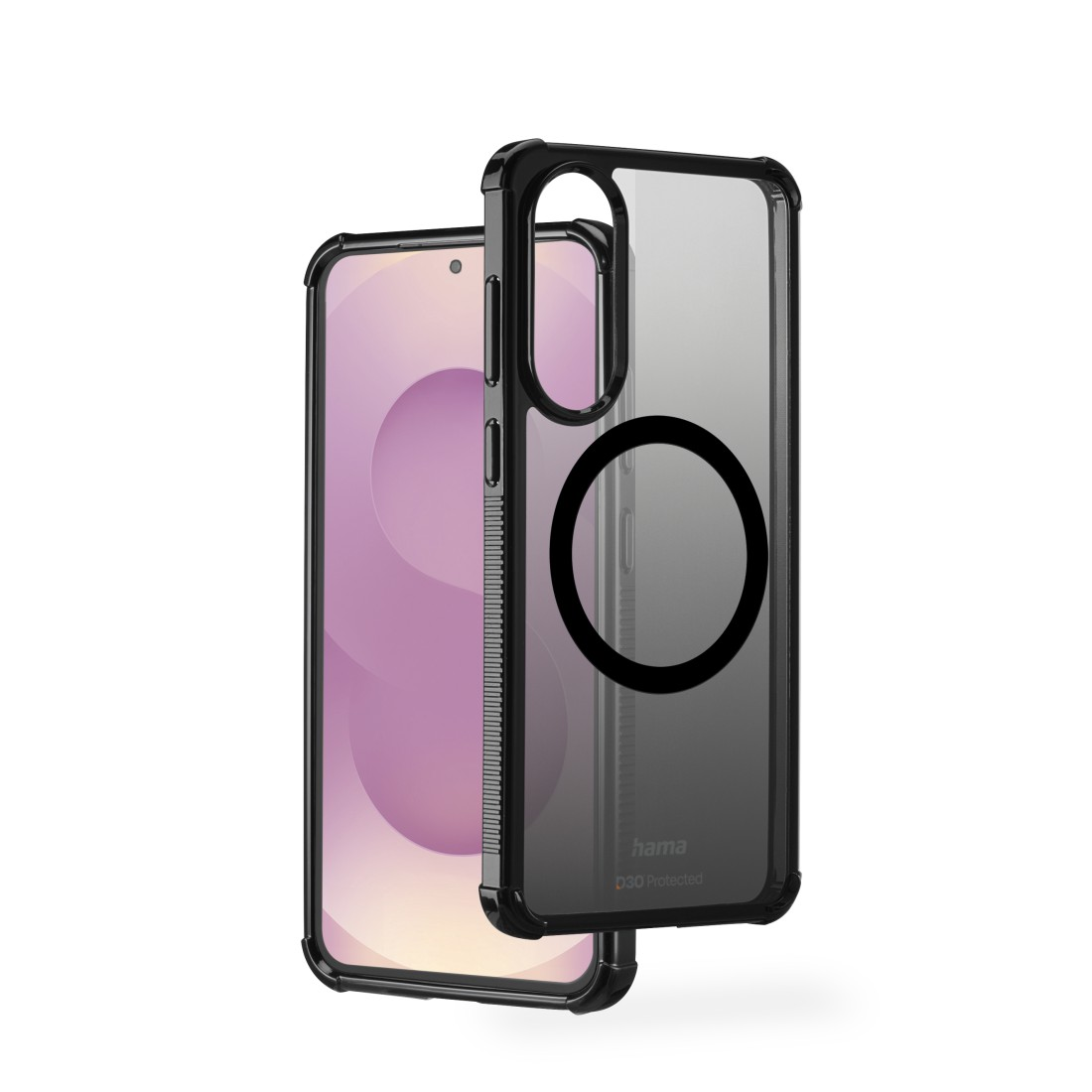 Eine Handyhülle auf einem Telefon, die die klare Rückseite und einen schwarzen kreisförmigen Ring zeigt, mit einem rosa Telefonbildschirm.