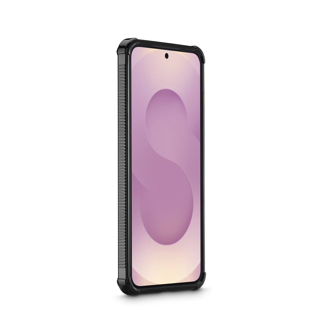 Schwarze Smartphone-Hülle mit pinkfarbenem Display. Die Hülle hat eine strukturierte Seite und steht vor weißem Hintergrund.