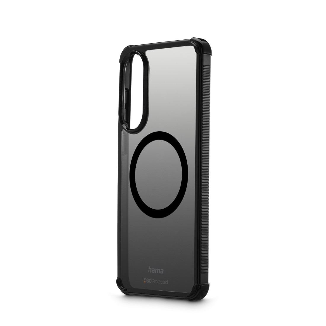Schwarze und transparente Smartphone-Hülle mit schwarzem Kreis auf der Rückseite. Auf weißem Hintergrund.