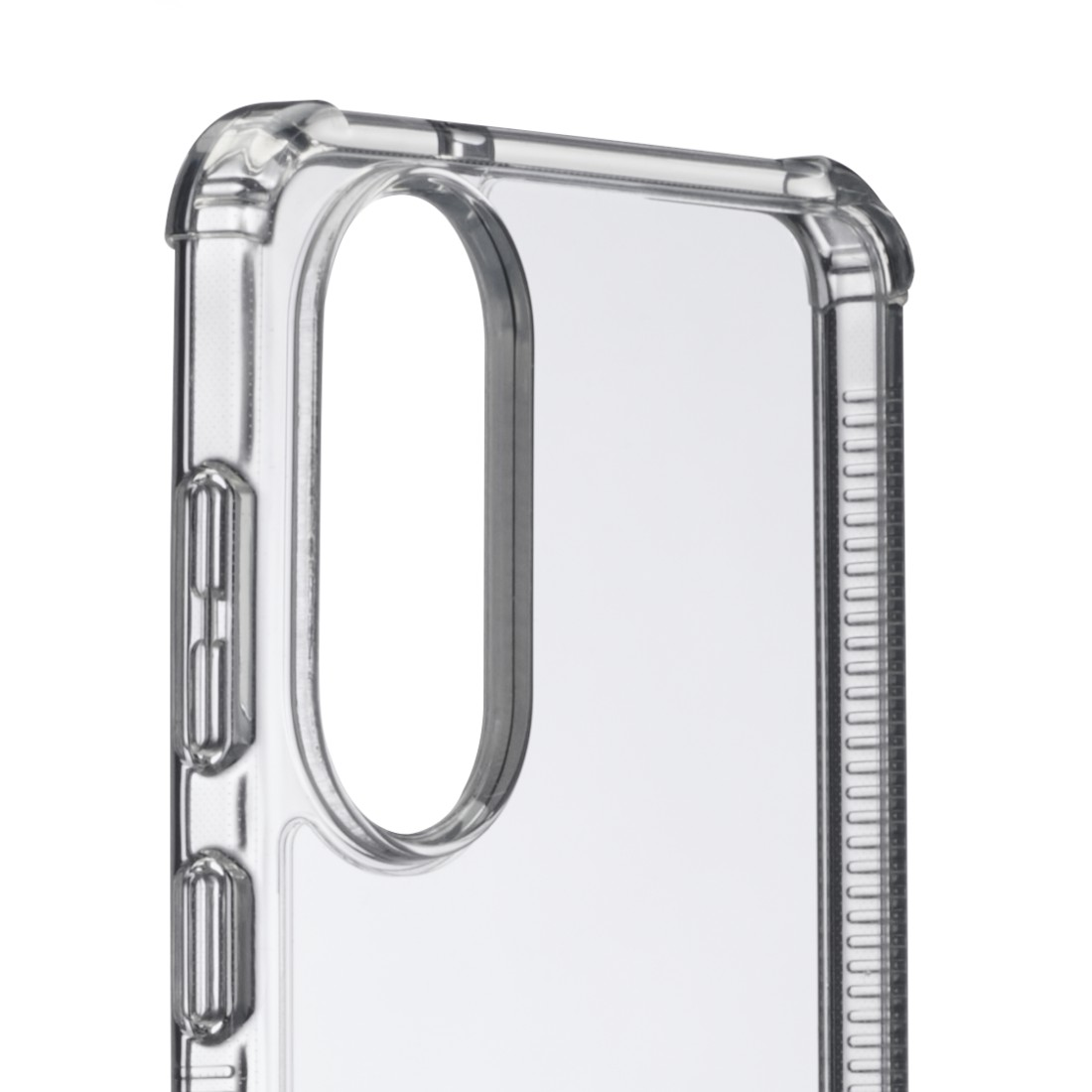 Nahaufnahme einer Handyhülle, die die Seite mit den Tastenabdeckungen zeigt. Die Hülle ist transparent.