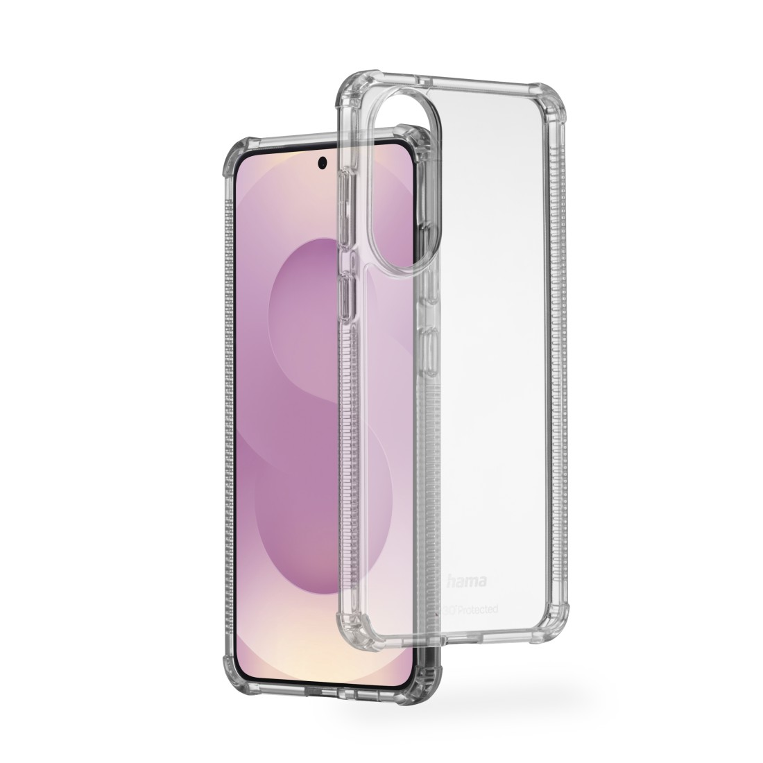 Transparente Handyhülle neben einem Telefon mit pinkfarbenem Bildschirm. Auf weißem Hintergrund.