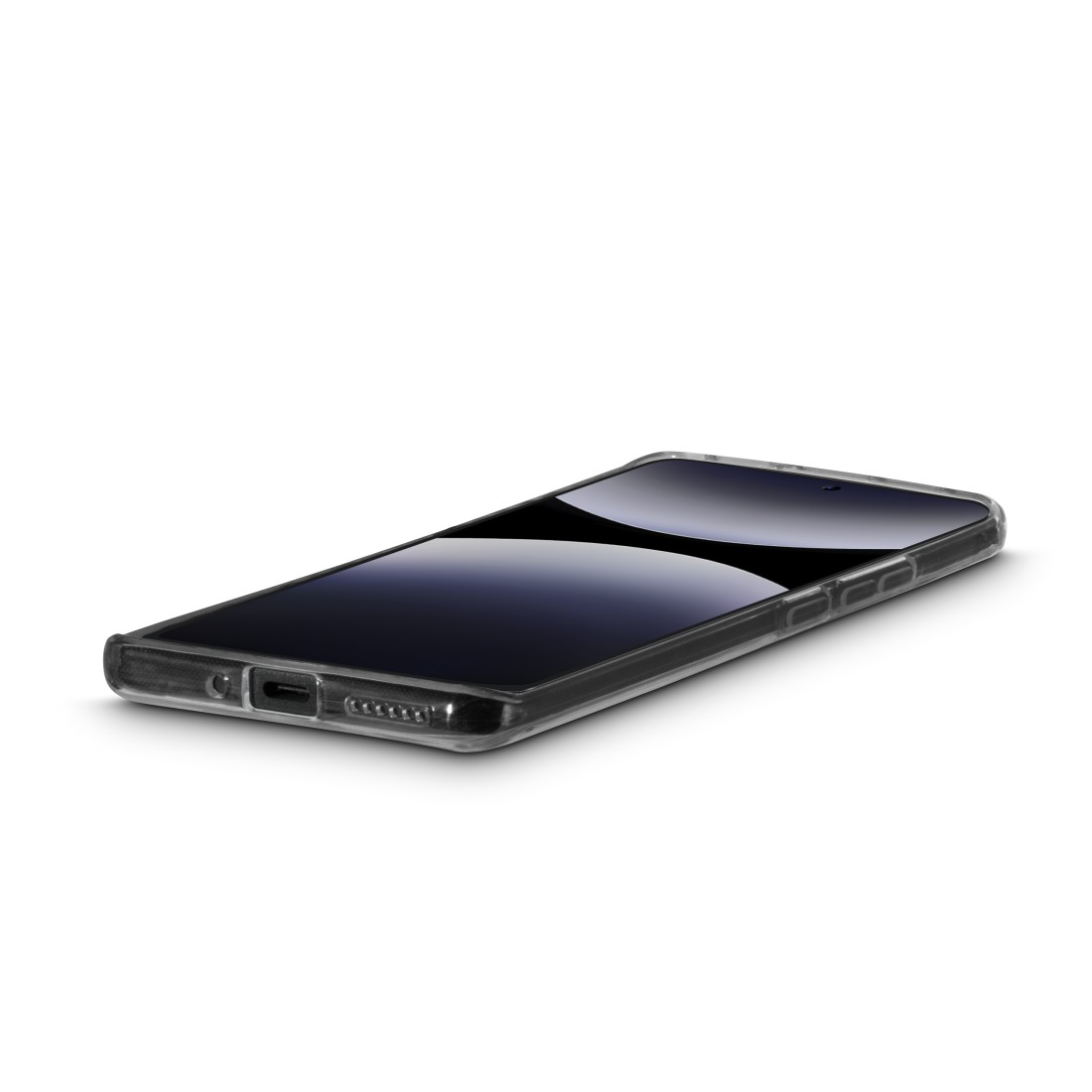 Telefon in Hülle. Telefon ist angewinkelt, Bildschirm ist dunkel.