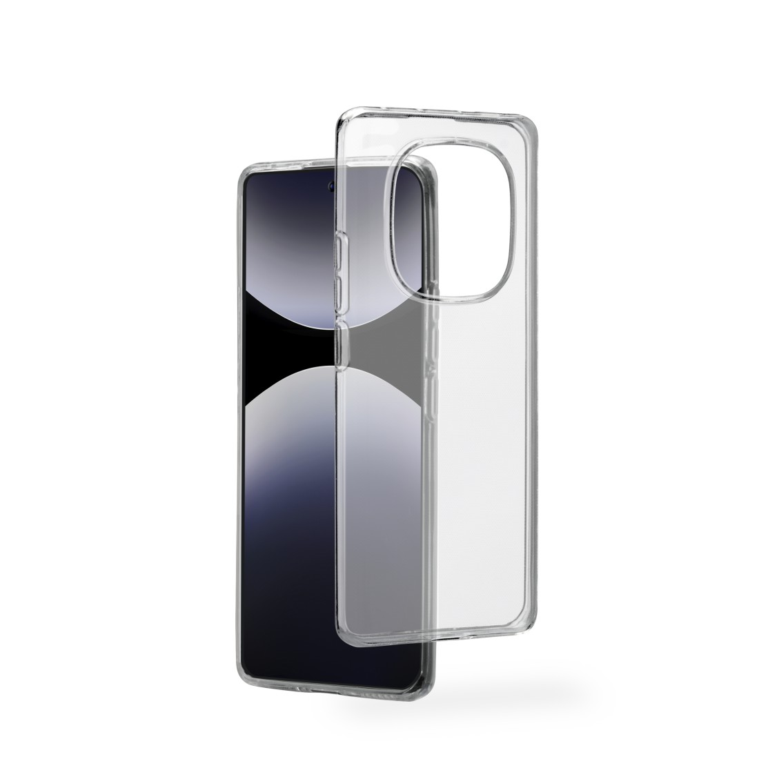 Telefon und transparente Hülle. Telefon und Hülle sind getrennt.