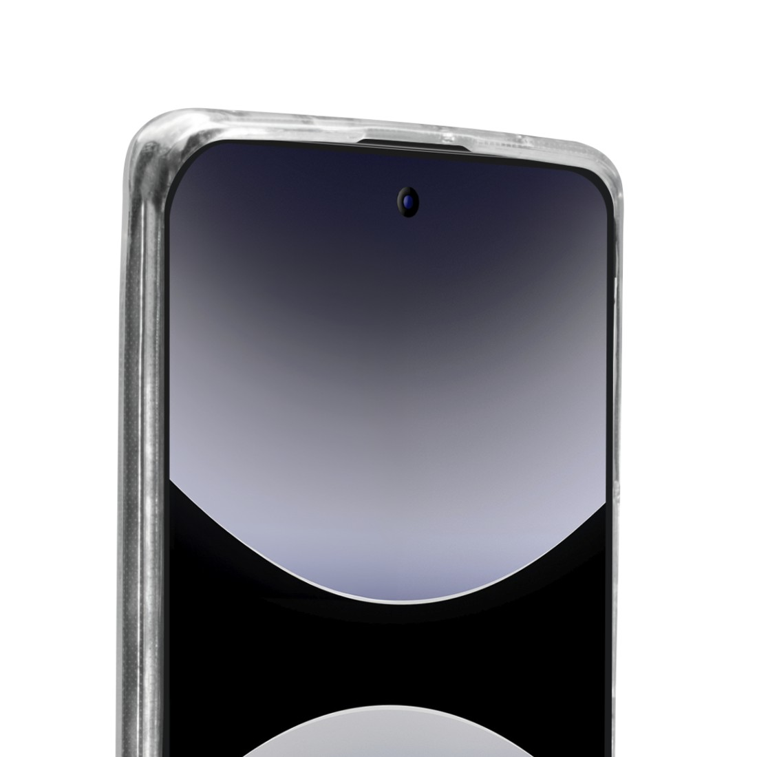 Telefon in klarer Hülle. Nahaufnahme des Bildschirms und der Oberseite.