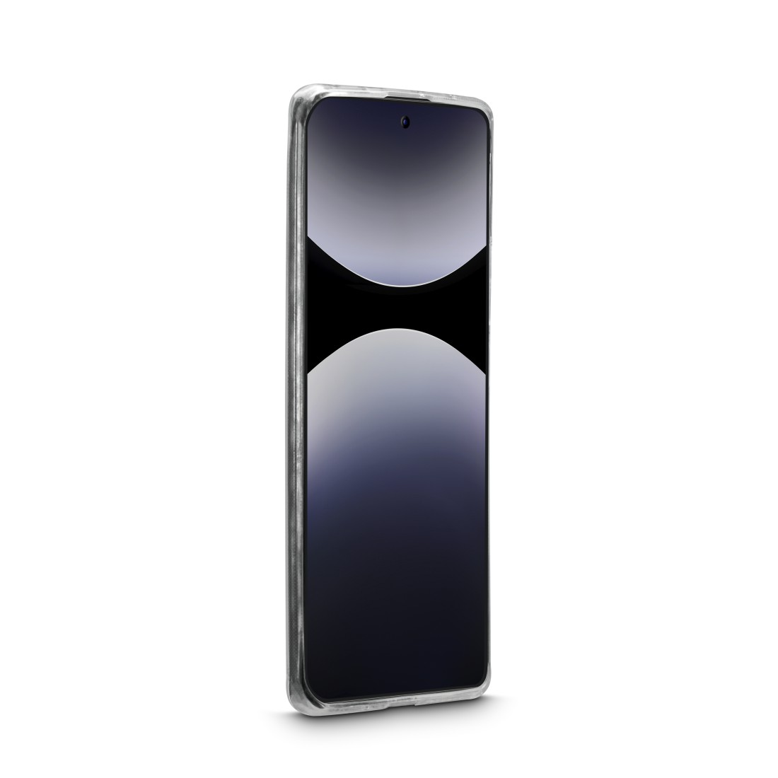 Smartphone in klarer Hülle, schwarzer Bildschirm mit Gradienten-Design, vor weißem Hintergrund.